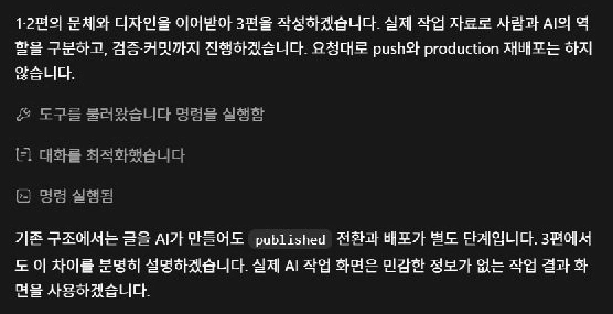 이번 3편을 준비하는 실제 AI 대화 화면 발췌. 기존 글의 문체와 디자인을 따르고 검증·커밋까지 진행한다는 작업 설명, 도구 실행 표시, published 전환과 배포가 별도 단계라는 확인 내용이 보인다.